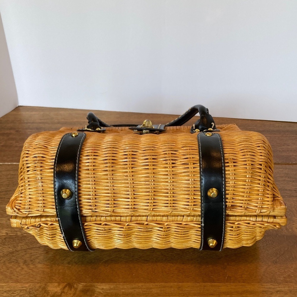 Tan Black Woven Leather Look Handbag Double Handle Picnic Style Classic Timeless - Picture 2 of 14